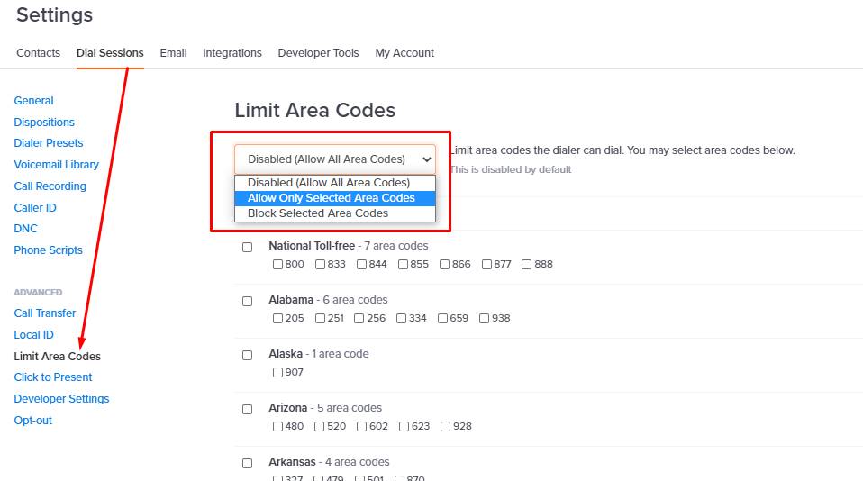 Limit Area codes